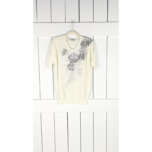 Vintage slouchy short sleeve silver sequin applique pullover sweater top - Picture 1 of 6